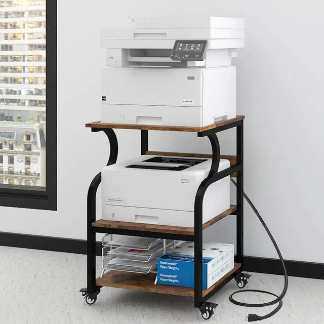 Main image of 3 Tier Large Printer Stand, 24"x20", with Charging Station,Retro | Printer Table with Adjustable Shelf & Industrial Wheels for Home Office,1''x1'' Thick Steel Tube,Heavy Duty,Supports 300lbs