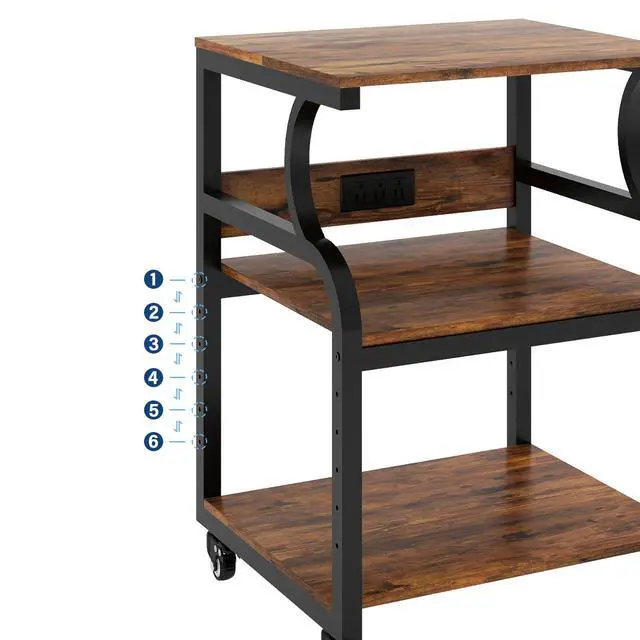 Alt view image 3 of 7 - 3 Tier Large Printer Stand, 24"x20", with Charging Station,Retro | Printer Table with Adjustable Shelf & Industrial Wheels for Home Office,1''x1'' Thick Steel Tube,Heavy Duty,Supports 300lbs