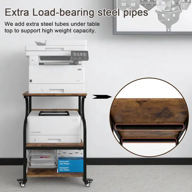 Alt view image 5 of 7 - 3 Tier Large Printer Stand, 24"x20", with Charging Station,Retro | Printer Table with Adjustable Shelf & Industrial Wheels for Home Office,1''x1'' Thick Steel Tube,Heavy Duty,Supports 300lbs