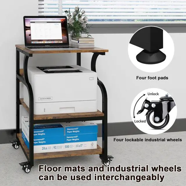Alt view image 6 of 7 - 3 Tier Large Printer Stand, 24"x20", with Charging Station,Retro | Printer Table with Adjustable Shelf & Industrial Wheels for Home Office,1''x1'' Thick Steel Tube,Heavy Duty,Supports 300lbs