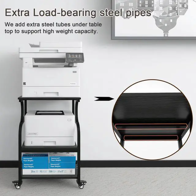 Alt view image 3 of 7 - 3 Tier Large Printer Stand, 24"x20", with Charging Station,Black | Printer Table with Adjustable Shelf & Industrial Wheels for Home Office,1''x1'' Thick Steel Tube,Heavy Duty,Supports 300lbs