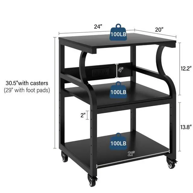 Alt view image 2 of 7 - 3 Tier Large Printer Stand, 24"x20", with Charging Station,Black | Printer Table with Adjustable Shelf & Industrial Wheels for Home Office,1''x1'' Thick Steel Tube,Heavy Duty,Supports 300lbs