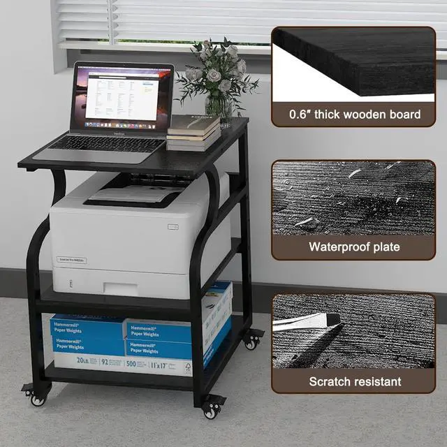 Alt view image 7 of 7 - 3 Tier Large Printer Stand, 24"x20", with Charging Station,Black | Printer Table with Adjustable Shelf & Industrial Wheels for Home Office,1''x1'' Thick Steel Tube,Heavy Duty,Supports 300lbs