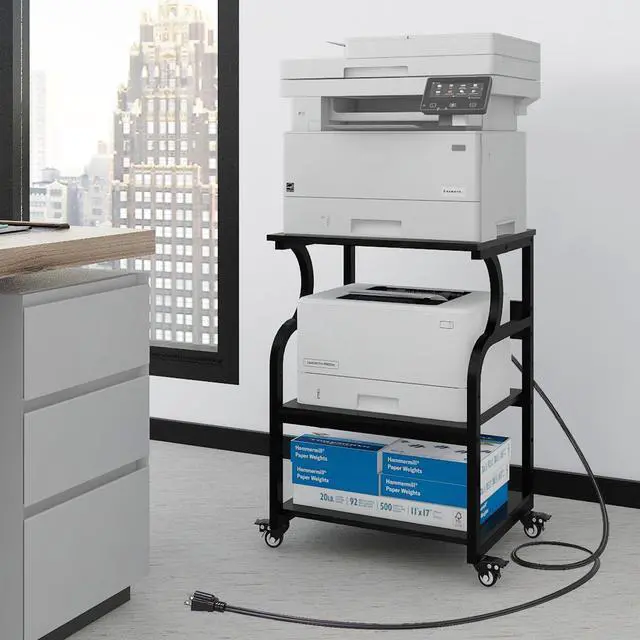 Main image of 3 Tier Large Printer Stand, 24"x20", with Charging Station,Black | Printer Table with Adjustable Shelf & Industrial Wheels for Home Office,1''x1'' Thick Steel Tube,Heavy Duty,Supports 300lbs