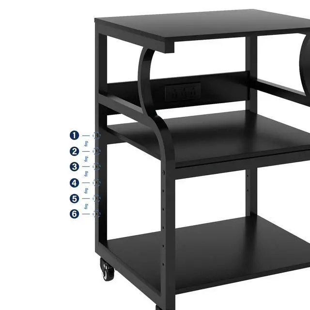 Alt view image 5 of 7 - 3 Tier Large Printer Stand, 24"x20", with Charging Station,Black | Printer Table with Adjustable Shelf & Industrial Wheels for Home Office,1''x1'' Thick Steel Tube,Heavy Duty,Supports 300lbs