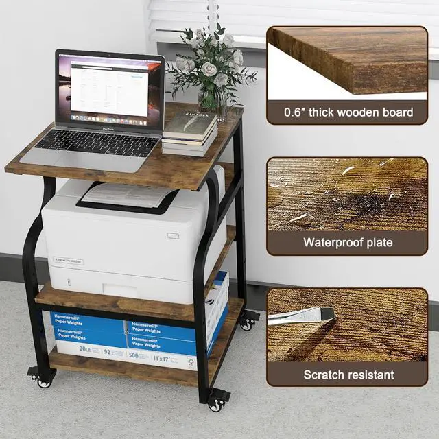 Alt view image 7 of 7 - 3 Tier Large Printer Stand, 24"x20", with Charging Station,Retro | Printer Table with Adjustable Shelf & Industrial Wheels for Home Office,1''x1'' Thick Steel Tube,Heavy Duty,Supports 300lbs