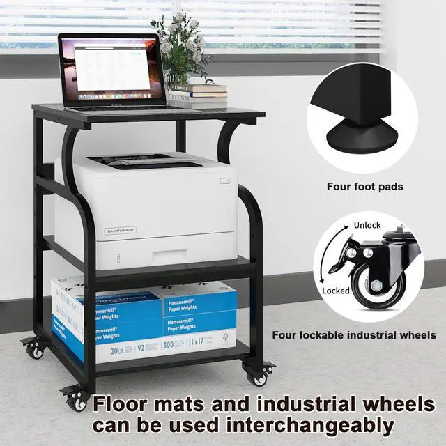 Alt view image 6 of 7 - 3 Tier Large Printer Stand, 24"x20", with Charging Station,Black | Printer Table with Adjustable Shelf & Industrial Wheels for Home Office,1''x1'' Thick Steel Tube,Heavy Duty,Supports 300lbs