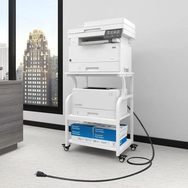 Main image of 3 Tier Large Printer Stand, 24"x20", with Charging Station,White | Printer Table with Adjustable Shelf & Industrial Wheels for Home Office,1''x1'' Thick Steel Tube,Heavy Duty,Supports 300lbs
