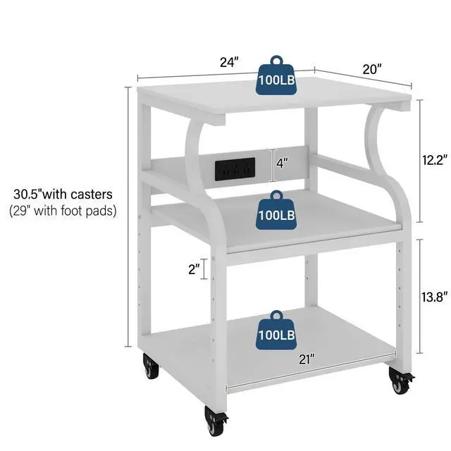 Alt view image 2 of 7 - 3 Tier Large Printer Stand, 24"x20", with Charging Station,White | Printer Table with Adjustable Shelf & Industrial Wheels for Home Office,1''x1'' Thick Steel Tube,Heavy Duty,Supports 300lbs