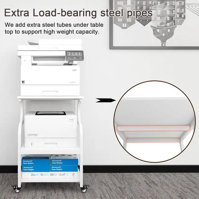 Alt view image 3 of 7 - 3 Tier Large Printer Stand, 24"x20", with Charging Station,White | Printer Table with Adjustable Shelf & Industrial Wheels for Home Office,1''x1'' Thick Steel Tube,Heavy Duty,Supports 300lbs