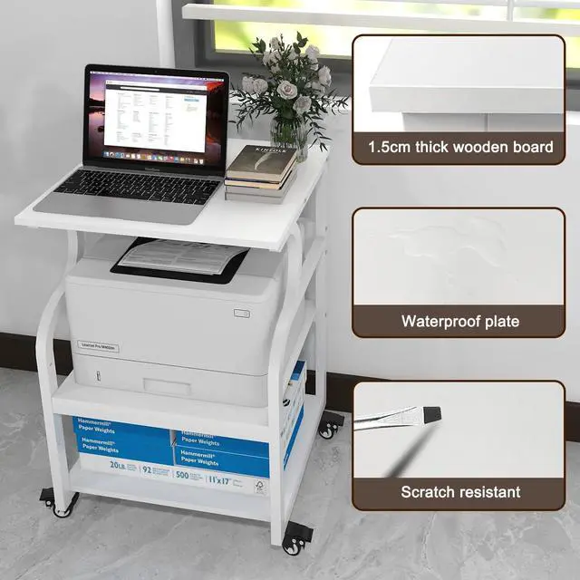 Alt view image 7 of 7 - 3 Tier Large Printer Stand, 24"x20", with Charging Station,White | Printer Table with Adjustable Shelf & Industrial Wheels for Home Office,1''x1'' Thick Steel Tube,Heavy Duty,Supports 300lbs