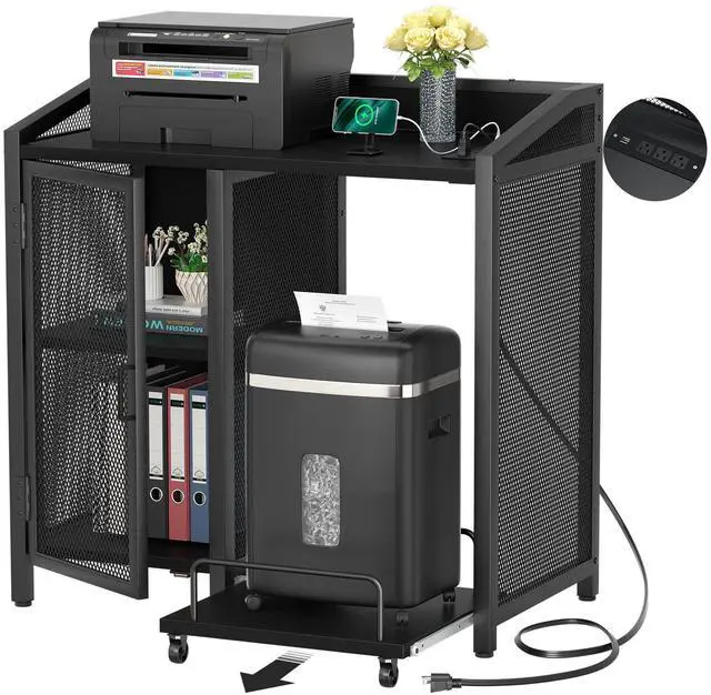 Main image of File Cabinet with Paper Shredder Stand On Wheel, Modern Vertical Filing Cabinet with Socket and USB Charging Port, Large Printer Stand with Adjustable Storage Shelf Rack for Home Office, Black