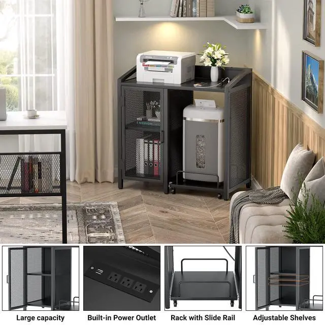 Alt view image 4 of 7 - File Cabinet with Paper Shredder Stand On Wheel, Modern Vertical Filing Cabinet with Socket and USB Charging Port, Large Printer Stand with Adjustable Storage Shelf Rack for Home Office, Black