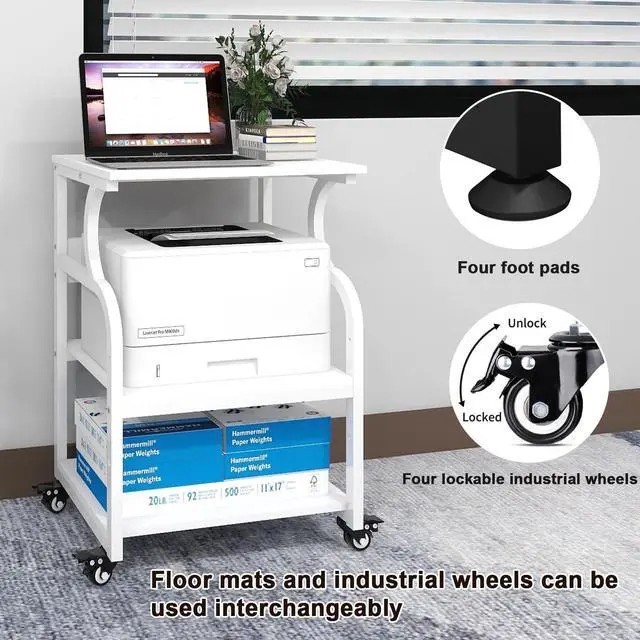 Alt view image 6 of 7 - 3 Tier Large Printer Stand, 24"x20", with Charging Station,White | Printer Table with Adjustable Shelf & Industrial Wheels for Home Office,1''x1'' Thick Steel Tube,Heavy Duty,Supports 300lbs