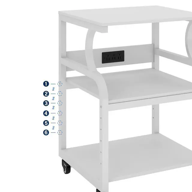 Alt view image 5 of 7 - 3 Tier Large Printer Stand, 24"x20", with Charging Station,White | Printer Table with Adjustable Shelf & Industrial Wheels for Home Office,1''x1'' Thick Steel Tube,Heavy Duty,Supports 300lbs