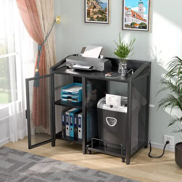 Alt view image 2 of 7 - File Cabinet with Paper Shredder Stand On Wheel, Modern Vertical Filing Cabinet with Socket and USB Charging Port, Large Printer Stand with Adjustable Storage Shelf Rack for Home Office, Black