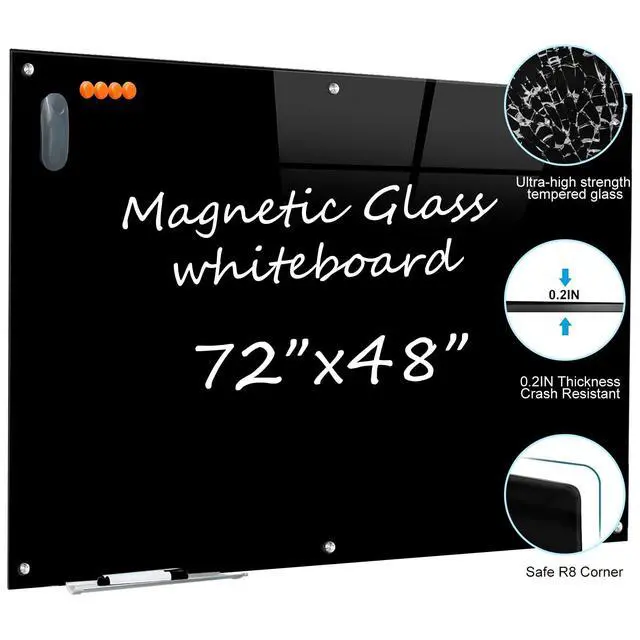 Alt view image 2 of 7 - Black Glass Dry Erase Board - 72"X48" Magnetic Blackboard Large Frameless Whiteboard Clear Glass Wlack Boards with Super Strong Magnets, Wall Mounted for Office, School and Home