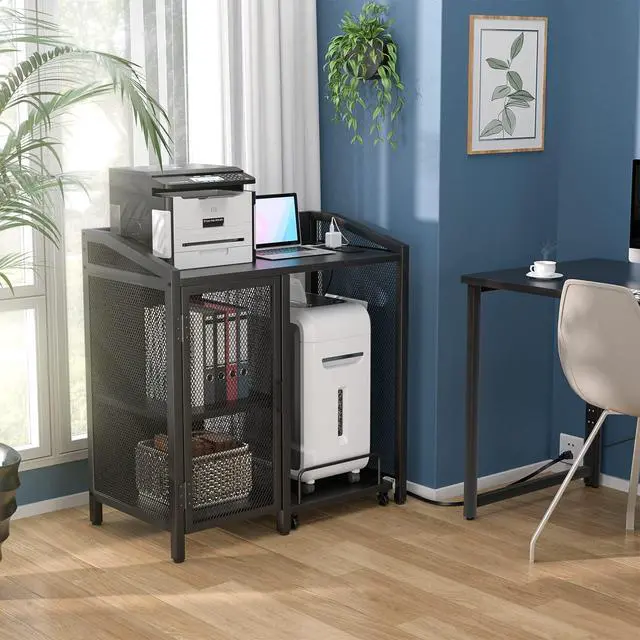 Alt view image 6 of 7 - File Cabinet with Paper Shredder Stand On Wheel, Modern Vertical Filing Cabinet with Socket and USB Charging Port, Large Printer Stand with Adjustable Storage Shelf Rack for Home Office, Black