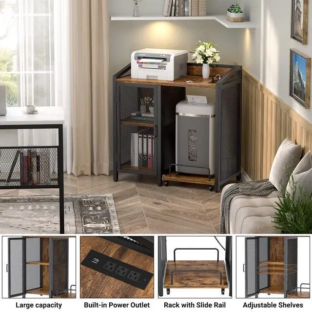 Alt view image 4 of 7 - 3-Tier Lateral Office Filing Cabinets with Socket and USB Charging Port, Modern Printer Stand and Paper Shredder Stand Rack with Wheels and Open Storage Shelves for Home Office, Rustic Brown