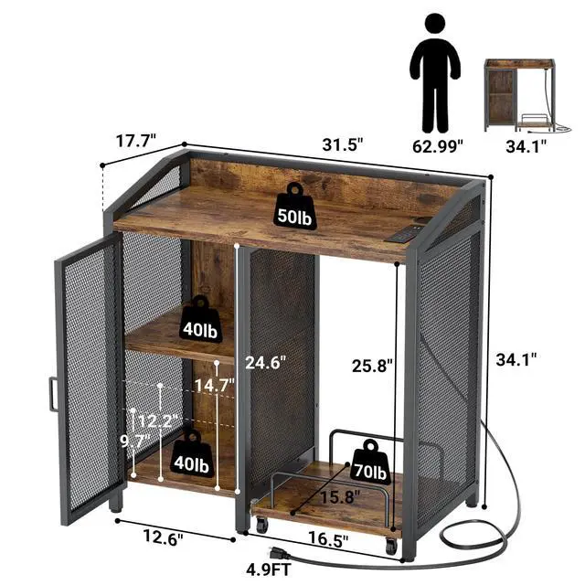 Alt view image 3 of 7 - 3-Tier Lateral Office Filing Cabinets with Socket and USB Charging Port, Modern Printer Stand and Paper Shredder Stand Rack with Wheels and Open Storage Shelves for Home Office, Rustic Brown