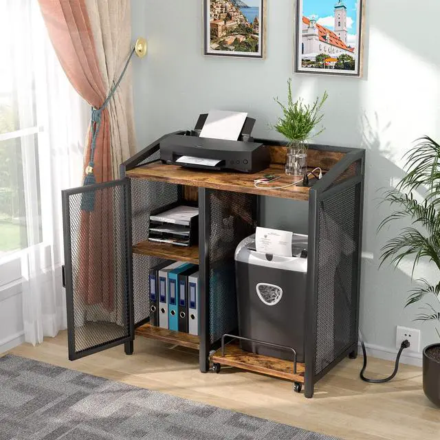 Alt view image 2 of 7 - 3-Tier Lateral Office Filing Cabinets with Socket and USB Charging Port, Modern Printer Stand and Paper Shredder Stand Rack with Wheels and Open Storage Shelves for Home Office, Rustic Brown