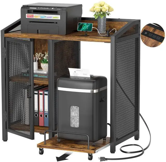 Main image of 3-Tier Lateral Office Filing Cabinets with Socket and USB Charging Port, Modern Printer Stand and Paper Shredder Stand Rack with Wheels and Open Storage Shelves for Home Office, Rustic Brown