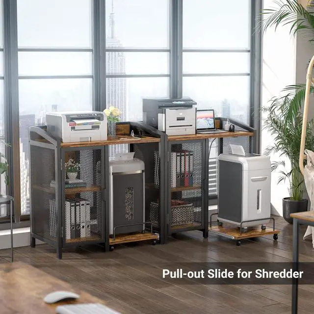 Alt view image 6 of 7 - 3-Tier Lateral Office Filing Cabinets with Socket and USB Charging Port, Modern Printer Stand and Paper Shredder Stand Rack with Wheels and Open Storage Shelves for Home Office, Rustic Brown