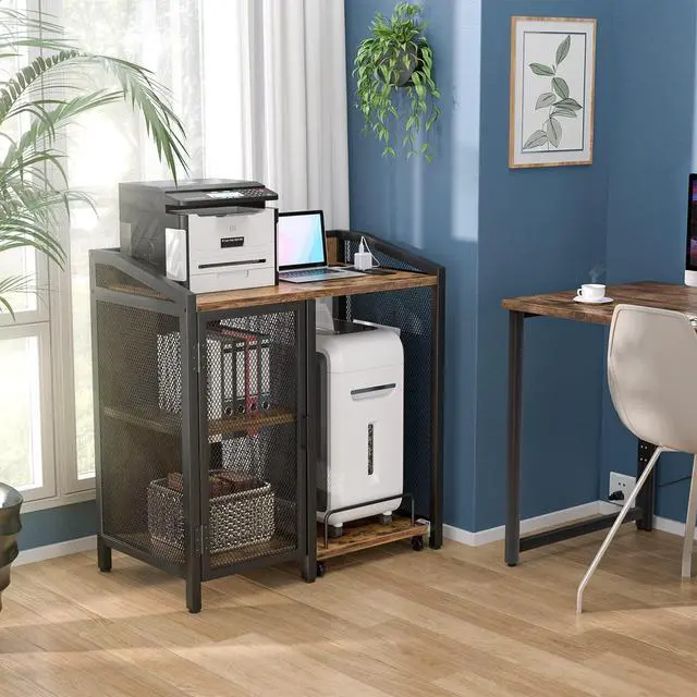 Alt view image 7 of 7 - 3-Tier Lateral Office Filing Cabinets with Socket and USB Charging Port, Modern Printer Stand and Paper Shredder Stand Rack with Wheels and Open Storage Shelves for Home Office, Rustic Brown