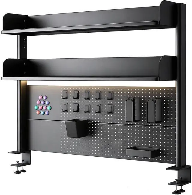 Main image of Clamp On Desk Pegboard Shelf - Metal Desktop Organizer Hutch with 2 Shelves for Storage and Display, Desk Add-On Shelf for Office, Dorm, or Computer Monitor Stand, Black, 23.6In