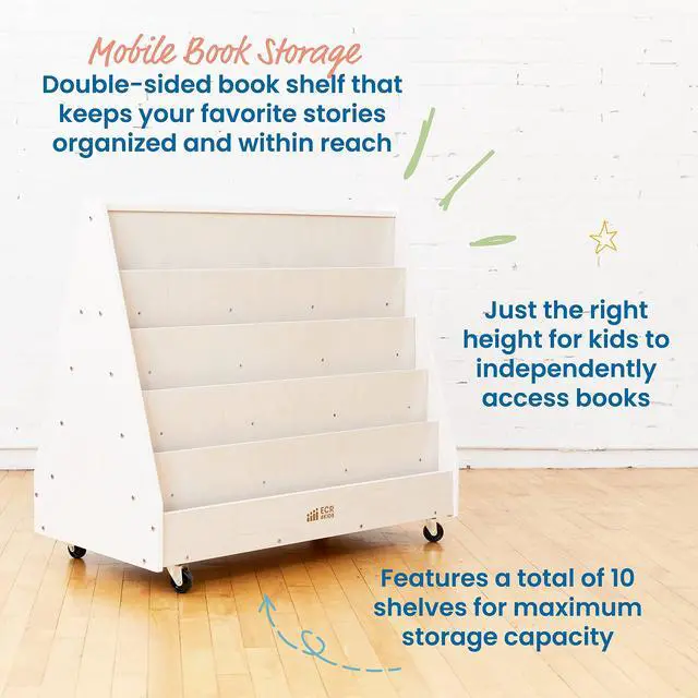 Alt view image 4 of 7 - Double-Sided Mobile Wooden Book Display, Classroom Organization, White Wash | Independent book browsing, 10 deep shelves, durable birch, GREENGUARD Gold Certified