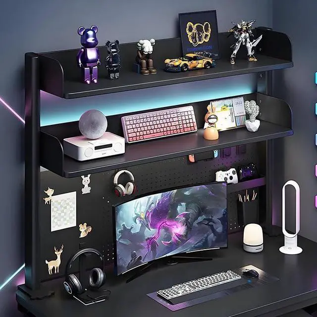 Alt view image 2 of 7 - Clamp On Desk Pegboard Shelf - Metal Desktop Organizer Hutch with 2 Shelves for Storage and Display, Desk Add-On Shelf for Office, Dorm, or Computer Monitor Stand, Black, 23.6In