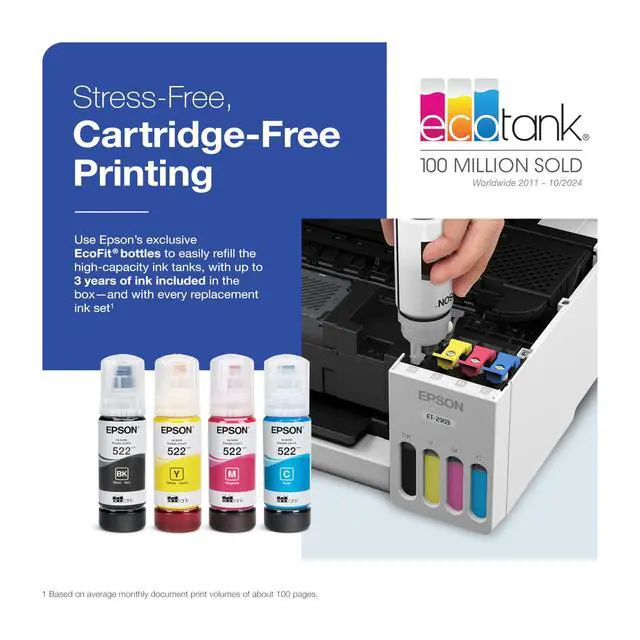 Alt view image 3 of 7 - EcoTank ET-2903 Wireless All-in-One Color Supertank Printer with up to 3 Years of Ink, Refillable Tanks, Perfect for Home, 11 PPM, 1.44" Color Screen, Built-in Scanner White