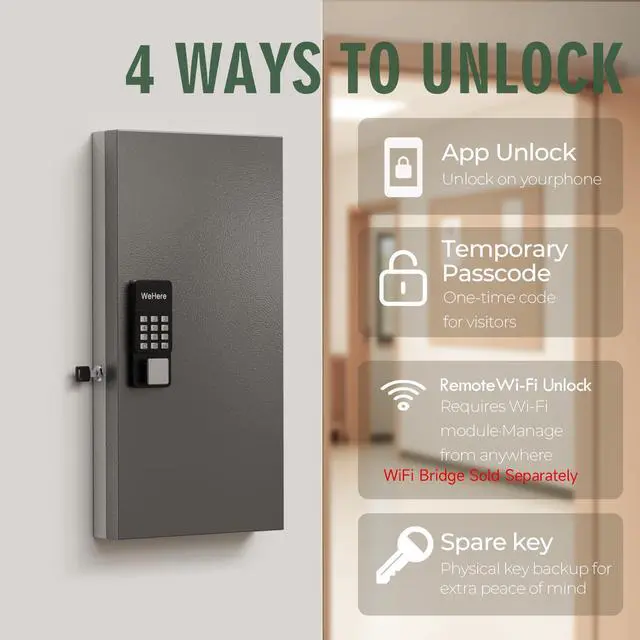 Alt view image 3 of 7 - 48-Key Smart Key Lock Box Wall Mount Commercial Key Cabinet with App, Keypad, Bluetooth & WiFi Unlock (Sold Separately), Access Log Tracking, Key Management System for School, Rental, Office