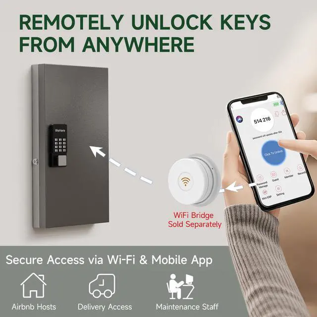 Alt view image 4 of 7 - 48-Key Smart Key Lock Box Wall Mount Commercial Key Cabinet with App, Keypad, Bluetooth & WiFi Unlock (Sold Separately), Access Log Tracking, Key Management System for School, Rental, Office