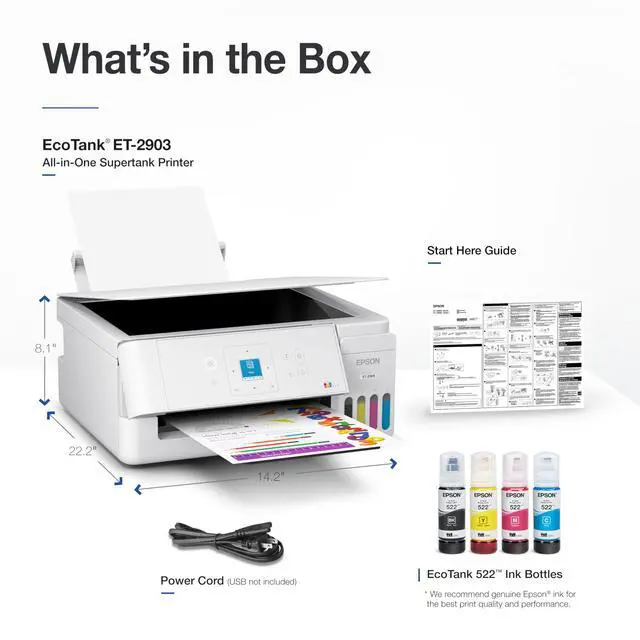 Alt view image 7 of 7 - EcoTank ET-2903 Wireless All-in-One Color Supertank Printer with up to 3 Years of Ink, Refillable Tanks, Perfect for Home, 11 PPM, 1.44" Color Screen, Built-in Scanner White