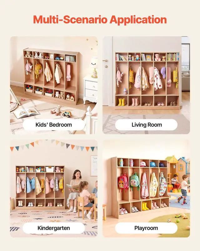 Alt view image 7 of 7 - 5-Section Coat Locker with Bench, Kids Lockers with 10 Hooks & Non-Slip Mat, Classroom Cubbies for Daycare, Home, Kindergarten- Natural