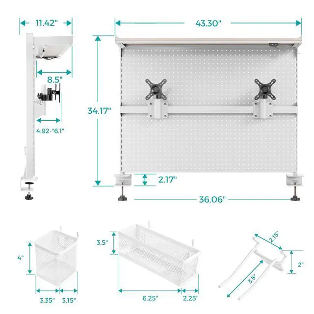 Alt view image 2 of 7 - Desk Pegboard with Dual Monitor Stands, LED Metal Pegboard for Gaming Desk, Privacy Panel with 4 Accessories Modular Hanging, Computer Accessories for Office, 43 x 34 Inch, White