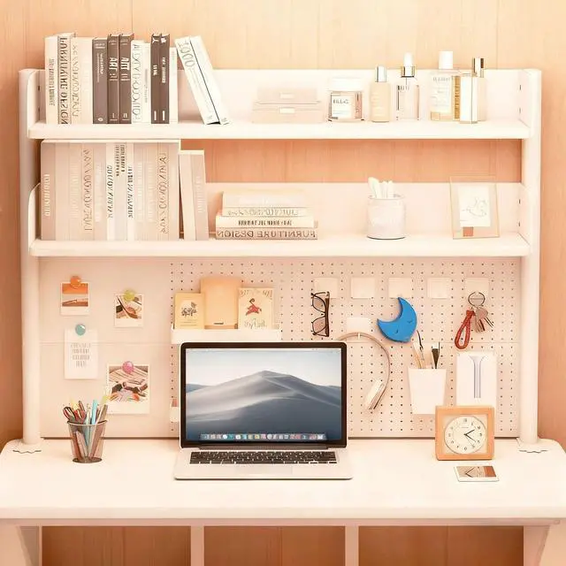 Alt view image 3 of 6 - Clamp On Desk Shelf Organizer with Pegboard Desk Hutch Dorm with Storage Bookshelf Desk Top Organizer Shelf Multi-Purpose White & Black Desktop Shelves & Office Shelves (White, W - 23.6")