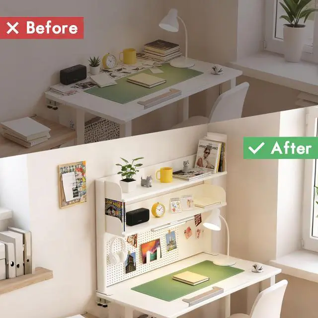 Alt view image 4 of 6 - Clamp On Desk Shelf Organizer with Pegboard Desk Hutch Dorm with Storage Bookshelf Desk Top Organizer Shelf Multi-Purpose White & Black Desktop Shelves & Office Shelves (White, W - 23.6")
