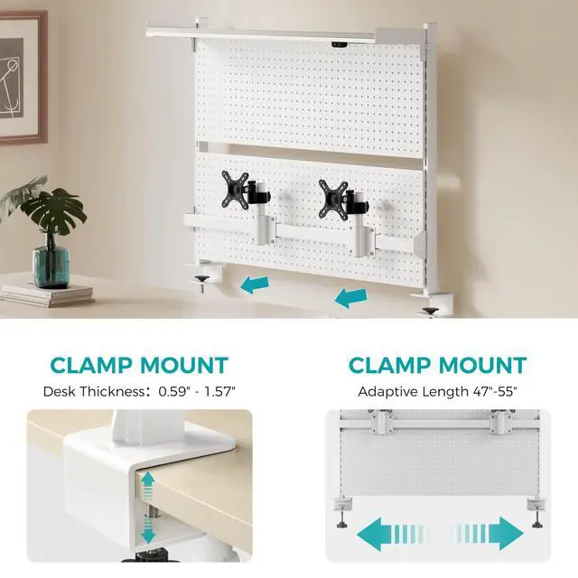 Alt view image 7 of 7 - Desk Pegboard with Dual Monitor Stands, LED Metal Pegboard for Gaming Desk, Privacy Panel with 4 Accessories Modular Hanging, Computer Accessories for Office, 43 x 34 Inch, White