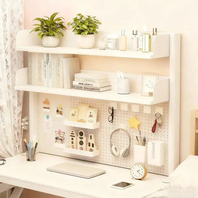 Main image of Clamp On Desk Shelf Organizer with Pegboard Desk Hutch Dorm with Storage Bookshelf Desk Top Organizer Shelf Multi-Purpose White & Black Desktop Shelves & Office Shelves (White, W - 23.6")
