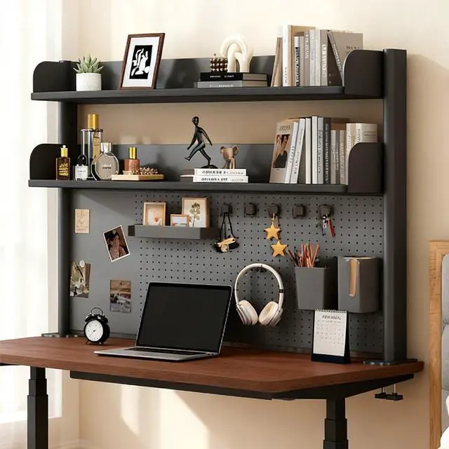 Main image of Clamp On Desk Shelf Organizer with Pegboard Desk Hutch Dorm with Storage Bookshelf Desk Top Organizer Shelf Multi-Purpose White & Black Desktop Shelves & Office Shelves (Black, W - 23.6")