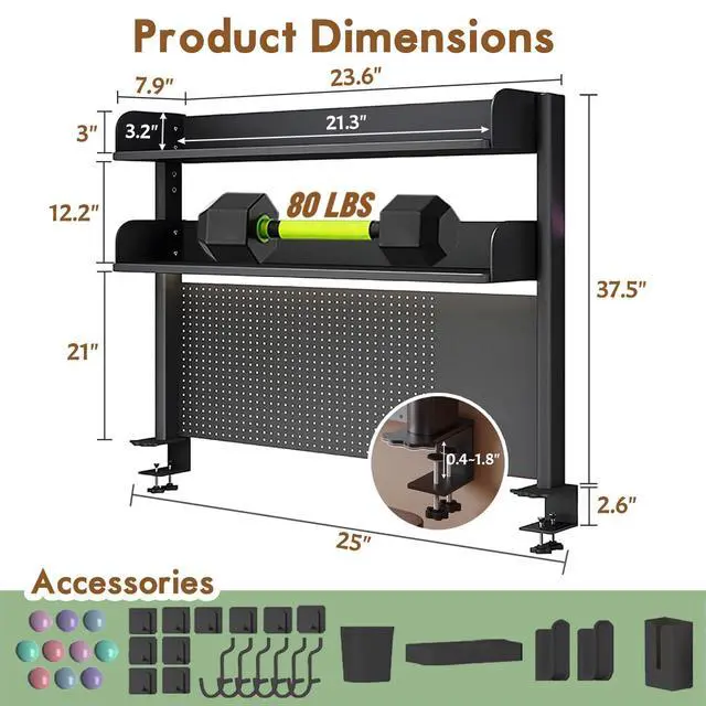 Alt view image 2 of 6 - Clamp On Desk Shelf Organizer with Pegboard Desk Hutch Dorm with Storage Bookshelf Desk Top Organizer Shelf Multi-Purpose White & Black Desktop Shelves & Office Shelves (Black, W - 23.6")