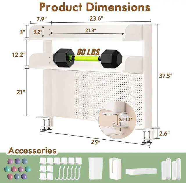 Alt view image 2 of 6 - Clamp On Desk Shelf Organizer with Pegboard Desk Hutch Dorm with Storage Bookshelf Desk Top Organizer Shelf Multi-Purpose White & Black Desktop Shelves & Office Shelves (White, W - 23.6")