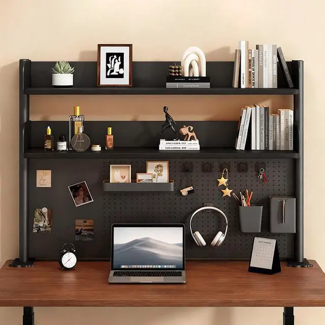 Alt view image 3 of 6 - Clamp On Desk Shelf Organizer with Pegboard Desk Hutch Dorm with Storage Bookshelf Desk Top Organizer Shelf Multi-Purpose White & Black Desktop Shelves & Office Shelves (Black, W - 23.6")
