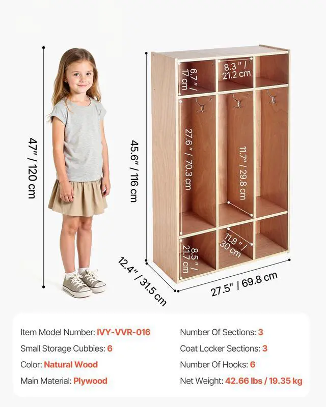 Alt view image 3 of 7 - 3-Section Coat Locker, Kids Lockers with 6 Hooks & Non-Slip Mat, Classroom Cubbies for Daycare, Home, Kindergarten- Natural