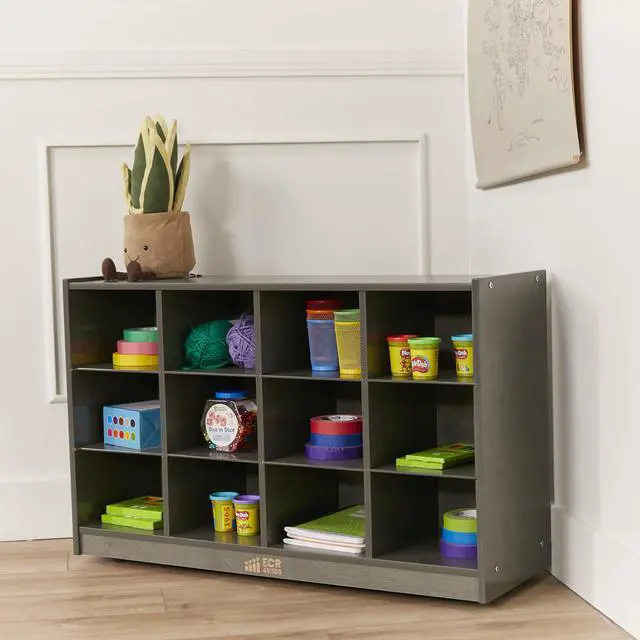 Alt view image 2 of 7 - 12 Cubby Mobile Tray Storage Cabinet, 3x4, Classroom Furniture, Grey Wash