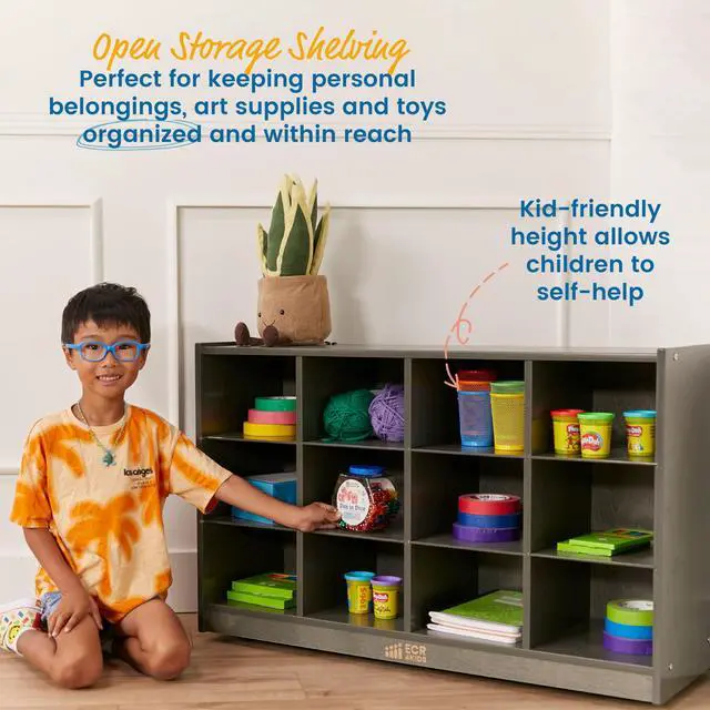 Alt view image 4 of 7 - 12 Cubby Mobile Tray Storage Cabinet, 3x4, Classroom Furniture, Grey Wash