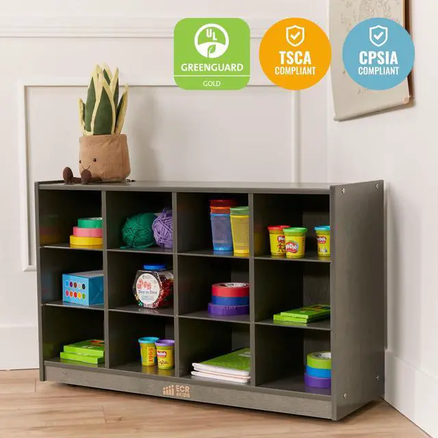 Alt view image 6 of 7 - 12 Cubby Mobile Tray Storage Cabinet, 3x4, Classroom Furniture, Grey Wash