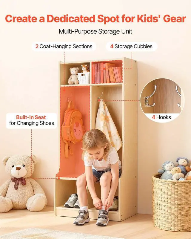 Alt view image 3 of 7 - 2-Section Coat Locker with Bench, Kids Lockers with 4 Hooks & Non-Slip Mat, Classroom Cubbies for Daycare, Home, Kindergarten- Natural
